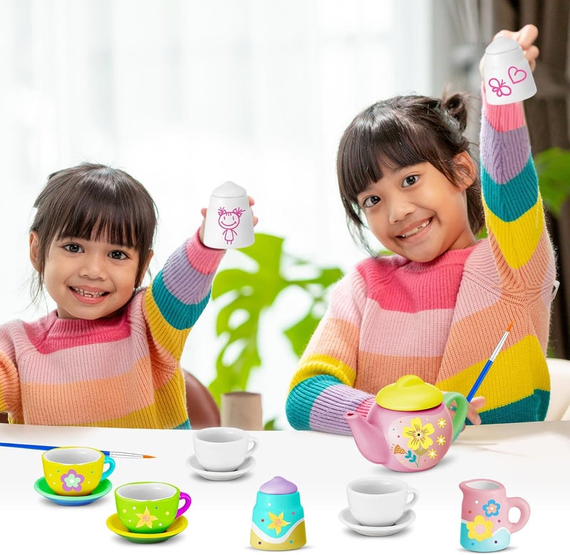 PullCrease 45 Pcs Porcelain Mini Tea Cup Set Including Porcelain Dishes Brush Children Ceramic Play DIY Craftfor Kids Girls 6-8 and up Party Birthday Gift Baby Shower Wedding Supplies(Lovely Style) - Image 5
